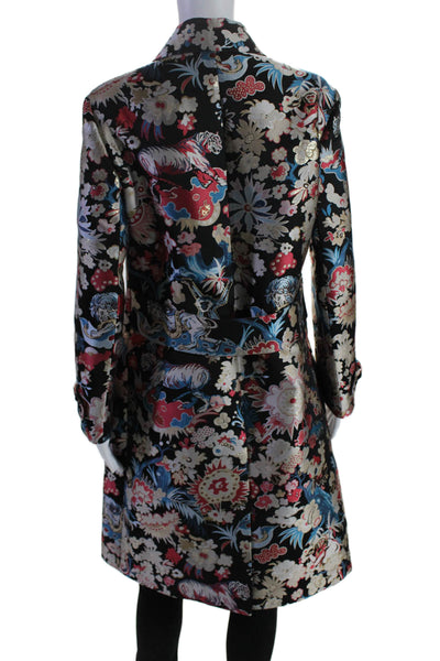 Christian Dior Womens Black Floral Printed Silk Lining Long Sleeve Coat Size M