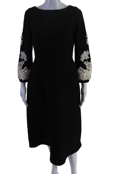 Valentino Womens Wool Black Floral Beaded Applique Crew Neck Shift Dress Size 44