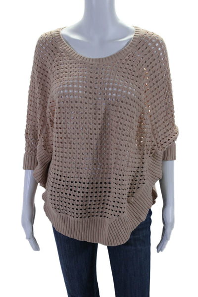 Theory Womens Round Neck Short Sleeves Open Knit Curved Hem Poncho Beige Size P