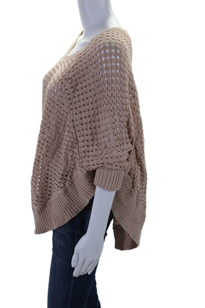 Theory Womens Round Neck Short Sleeves Open Knit Curved Hem Poncho Beige Size P