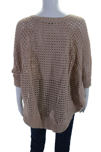 Theory Womens Round Neck Short Sleeves Open Knit Curved Hem Poncho Beige Size P