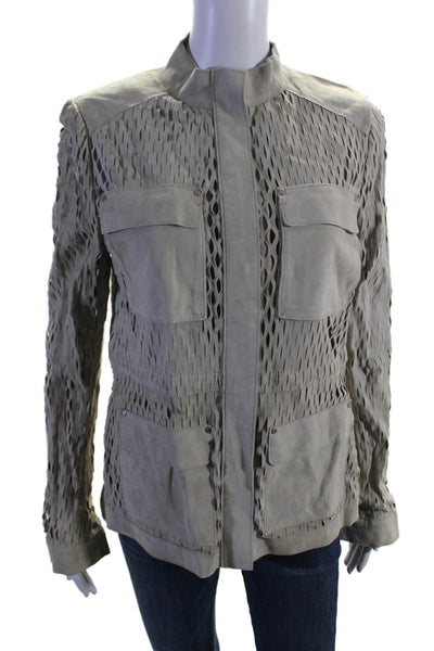 Elie Tahari Womens Suede Cutout Drawstring Waist Full Zip Jacket Beige Size S