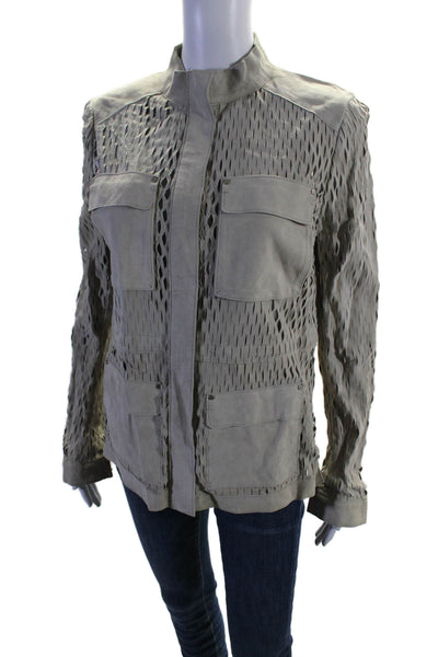 Elie Tahari Womens Suede Cutout Drawstring Waist Full Zip Jacket Beige Size S