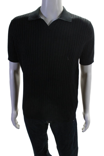 Massimo Dutti Men's Collared Short Sleeves Ribbed T-Shirt Black Size L