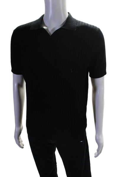 Massimo Dutti Men's Collared Short Sleeves Ribbed T-Shirt Black Size L