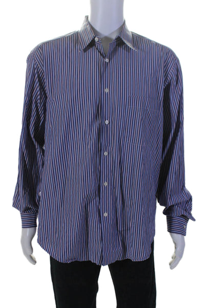 Brioni Mens Striped Button Down Dress Shirt Blue Pink Cotton Size Extra Large