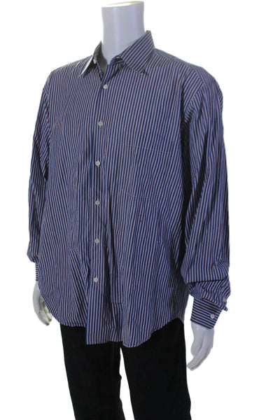 Brioni Mens Striped Button Down Dress Shirt Blue Pink Cotton Size Extra Large