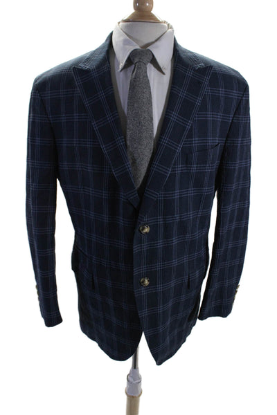 Patrick James Mens Cotton Plaid Single Breasted Unlined Blazer Blue Size 46