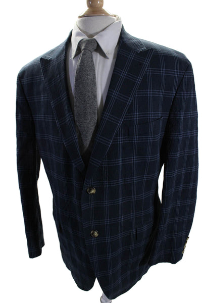 Patrick James Mens Cotton Plaid Single Breasted Unlined Blazer Blue Size 46