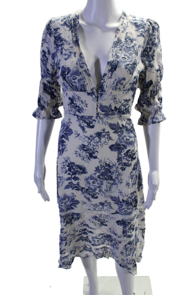 o.p.t Womens Pleated Floral V-Neck 3/4 Sleeve Zip Up Maxi Dress Blue Size XS