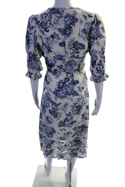 o.p.t Womens Pleated Floral V-Neck 3/4 Sleeve Zip Up Maxi Dress Blue Size XS