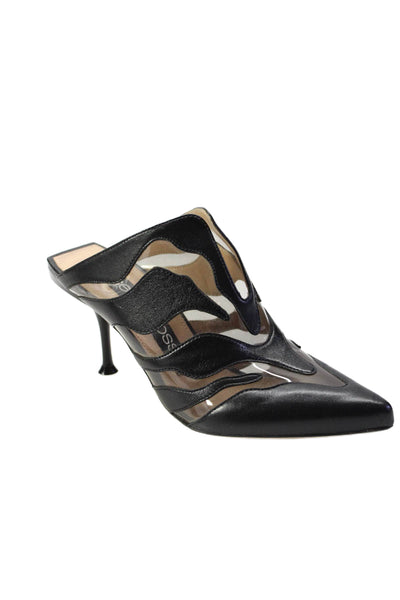Sergio Rossi Womens Stiletto Pointed PVC Leather Mules Pumps Black Size 36