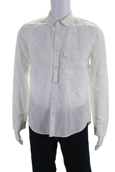 Theory Mens Button Front Long Sleeve Collared Linen Pocket Shirt White Medium