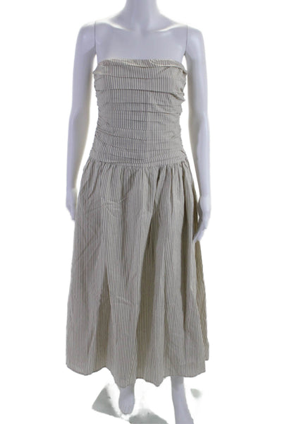 Dissh Womens Back Zip Strapless Pinstriped Midi Dress White Gray Cotton Size 4