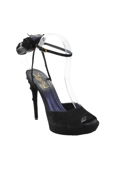 Yves Saint Laurent Women Stiletto Platform Flower Ankle Strap Sandals Black 36.5