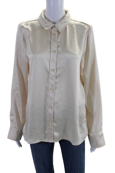 7 For All Mankind Womens Button Up Long Sleeve Collared Satin Shirt White Medium