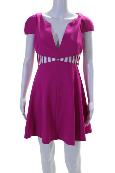 Designer Womens Short Sleeves Cut Out Waist V Neck A Line Dress Fuchsia Pink Siz