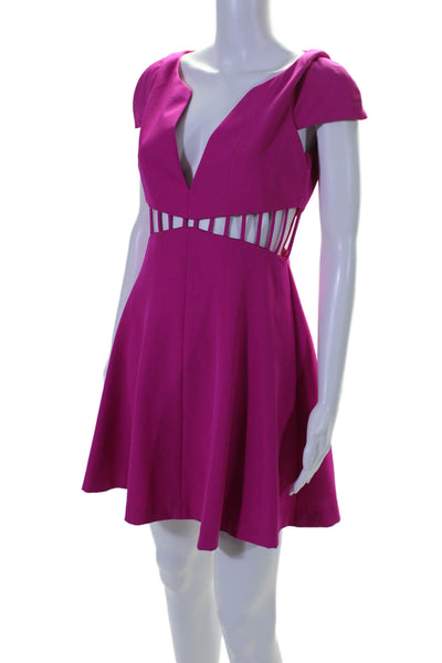 Designer Womens Short Sleeves Cut Out Waist V Neck A Line Dress Fuchsia Pink Siz