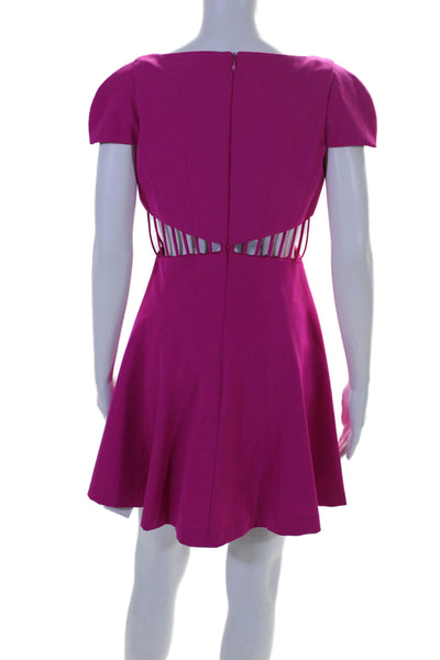 Designer Womens Short Sleeves Cut Out Waist V Neck A Line Dress Fuchsia Pink Siz