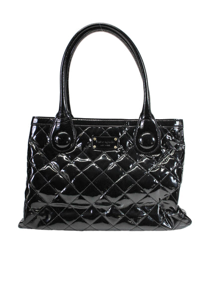 Kate Spade New York Womens Shiny Black Leather Quilted Large Tote Bag Handbag