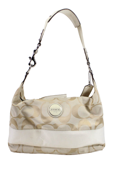 Coach Womens Beige Canvas Leather Trim Printed Zip Hobo Shoulder Bag Handbag