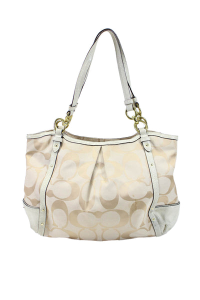 Coach Womens Beige Canvas Leather Trim Printed Medium Tote Shoulder Bag Handbag