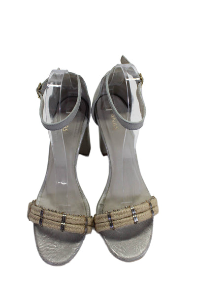 Kaanas Womens Metallic Leather Braided Trim Ankle Strap Heels Silver Size 10