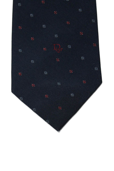 Christian Dior Mens Square Print Classic Length Necktie Navy Blue Red