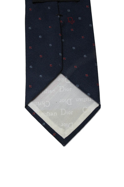 Christian Dior Mens Square Print Classic Length Necktie Navy Blue Red