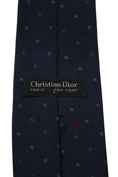 Christian Dior Mens Square Print Classic Length Necktie Navy Blue Red