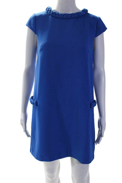 Badgley Mischka Womens Woven Trim Short Sleeves Shift Dress Blue Size 4