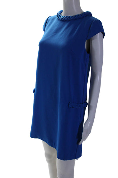 Badgley Mischka Womens Woven Trim Short Sleeves Shift Dress Blue Size 4