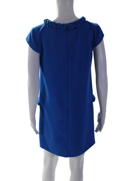 Badgley Mischka Womens Woven Trim Short Sleeves Shift Dress Blue Size 4