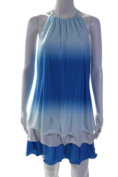 Badgley Mischka Jewel Womens Jeweled Sleeveless Tiered Dress Blue White Size 4