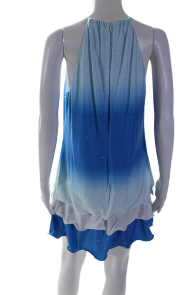 Badgley Mischka Jewel Womens Jeweled Sleeveless Tiered Dress Blue White Size 4