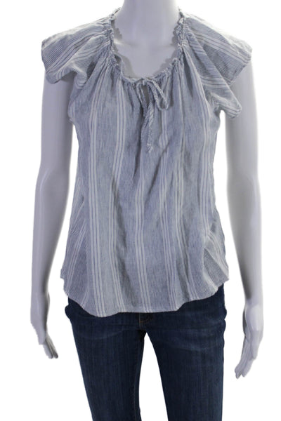 Rails Womens Linen Round Neck Striped Short Sleeve Blouse Blue Size S