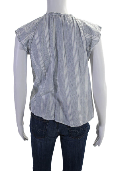 Rails Womens Linen Round Neck Striped Short Sleeve Blouse Blue Size S