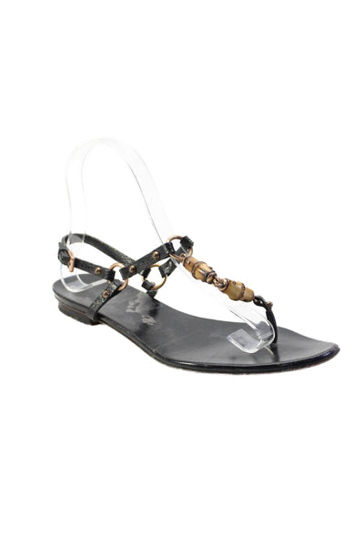 Gucci Womens Ankle T Strap Bamboo Sandals Black Leather Size 7B