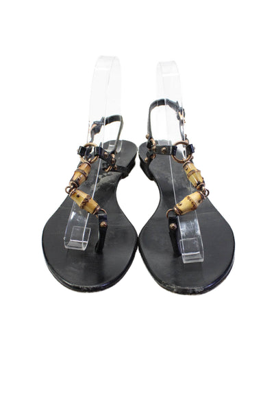 Gucci Womens Ankle T Strap Bamboo Sandals Black Leather Size 7B