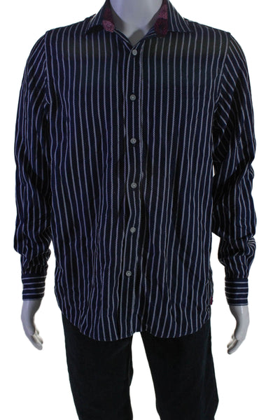 Luchiano Visconti Mens Button Front Collared Striped Dress Shirt Navy White 22