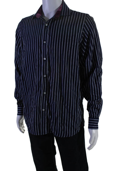 Luchiano Visconti Mens Button Front Collared Striped Dress Shirt Navy White 22