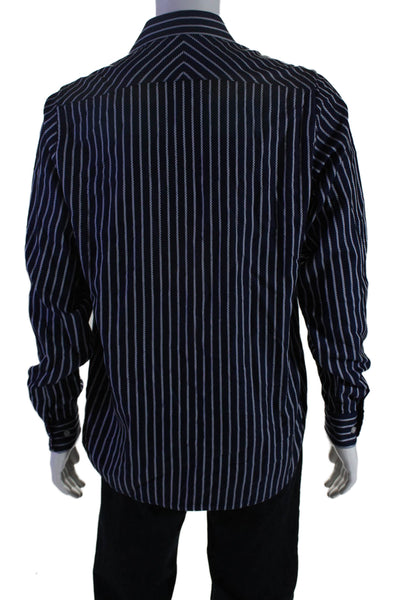 Luchiano Visconti Mens Button Front Collared Striped Dress Shirt Navy White 22