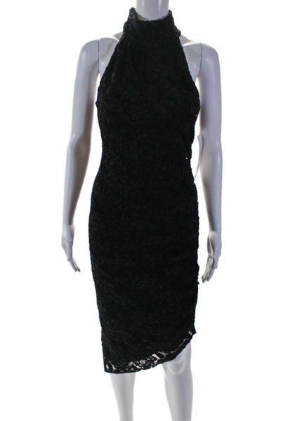 Jewel Badgley Mischka Womens Black Floral Lace High Neck Ruched Dress Size 4