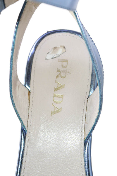 Prada Womens Wedge Heel Platform Ankle Strap Sandals Blue Patent Leather 36.5