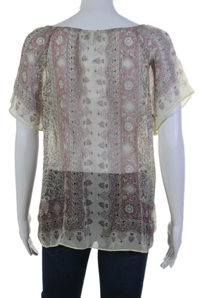 Joie Womens Silk Tie Collar Paisley Print Short Sleeve Blouse Beige Size XS