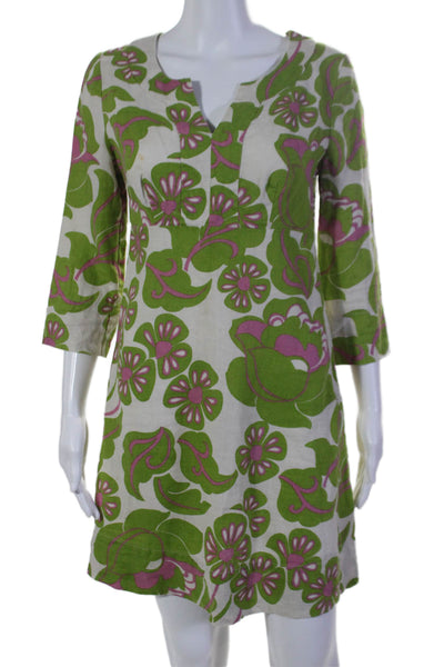 Boden Womens Linen Floral Print Zippered 3/4 Sleeve Tunic Dress Green Size 4