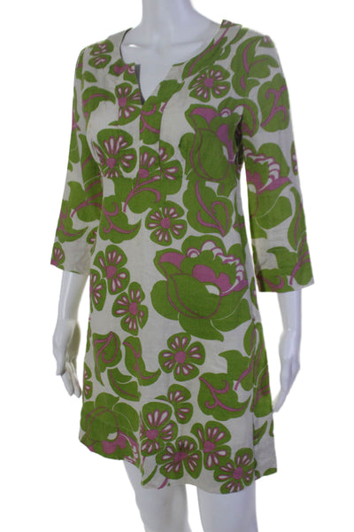 Boden Womens Linen Floral Print Zippered 3/4 Sleeve Tunic Dress Green Size 4