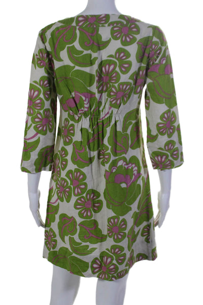 Boden Womens Linen Floral Print Zippered 3/4 Sleeve Tunic Dress Green Size 4