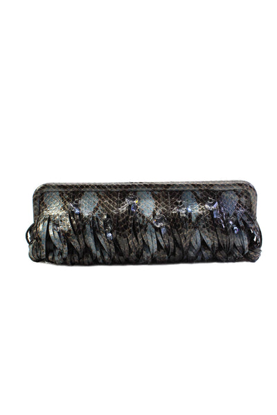 Katherine Kwei Womens Framed Crystal Fringe Snakeskin Print Clutch Handbag Blue