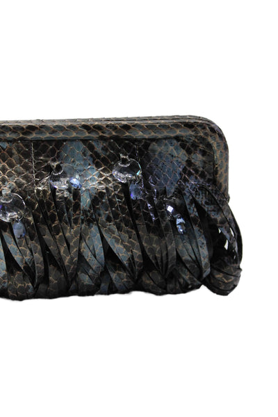 Katherine Kwei Womens Framed Crystal Fringe Snakeskin Print Clutch Handbag Blue